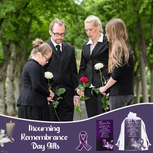 Funeral prayer card set with purple ribbon pin and organza bag for memorial gifts
