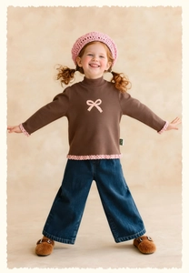 Winter-Set für Mädchen mit langärmligem Oberteil, rosa Schleife und weiter Jeans