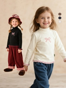 Mädchen Langarm Stehkragen T-Shirt Viskose Baumwolle Mischung Rosa Schleife Stickerei Wellenkante Unterziehshirt