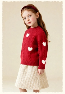 Detailed knit texture of red girls' Christmas sweater with white heart pattern