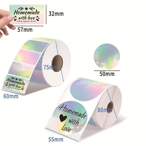 Holographic thermal label stickers in round and rectangular shapes with homemade with love text