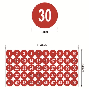 Waterproof 1-50 numbered red circular stickers set for inventory and labeling