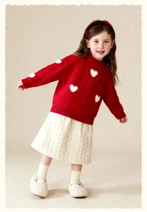 Detail of red knit sweater featuring white heart patches and cream textured skirt