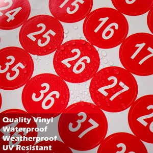 Waterproof round red vinyl numbered stickers 1-50 with white bold digits and UV resistance