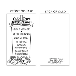 Tumbler care instructions card with hand-drawn cup illustration and cleaning guidelines
