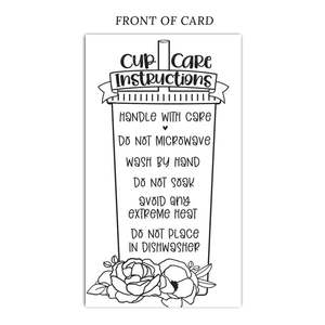 Black and white hand-drawn Tumbler Care Instruction card with cup icon and floral elements