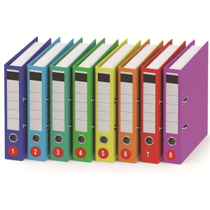 Detailed view of rainbow-colored lever arch files with numeric labels for file organization