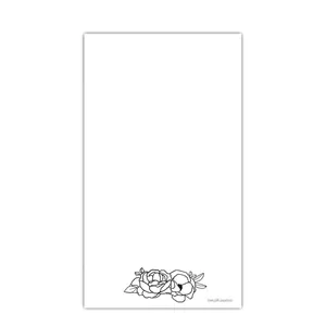 Minimalist tumbler care instruction card with elegant black and white rose floral art