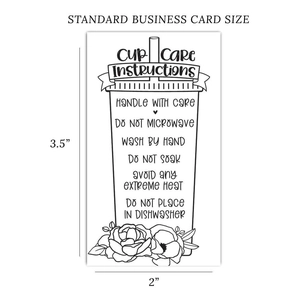 Standard 3.5x2 inch tumbler care instruction card with floral design and washing tips