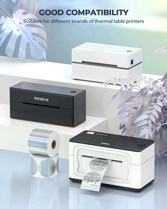 Close-up of holograph thermal labels and compact label printers on geometric display