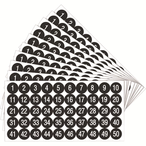 Waterproof PVC number stickers 1-50 with black round labels and white numbering