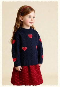 Detail of girls' navy knit sweater with red hearts and matching skirt for winter