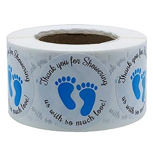 Rolle neutraler blauer Babyparty-Aufkleber mit Fußabdrücken und Danke-Text für Geschenke