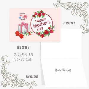 Pink Happy Mother's Day card with red carnations and elephant illustration in 7.9x5.9 inches