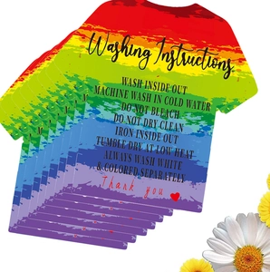 Detailed T-shirt shaped laundry care instruction card with colorful gradient and size M tag