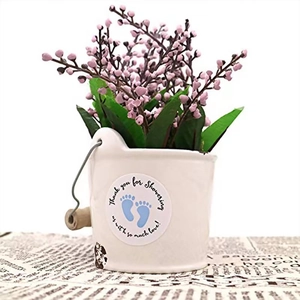 Babyparty-Gastgeschenk kleiner Keramiktopf mit rosa Blumen und Dankeschön-Aufkleber