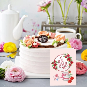 Elegant Happy Mother's Day gift set featuring a floral greeting card and cream cake