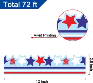 Detailed specs of Independence Day bulletin board border stickers with size annotations