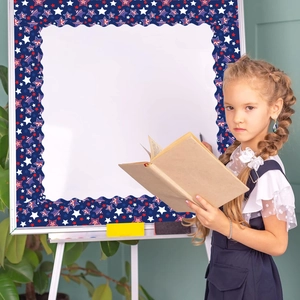 Patriotic scalloped bulletin board border with red, white, and blue stars for classrooms