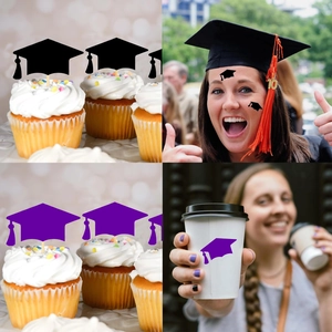 Graduation cap stickers and cupcake toppers in black and purple for festive decoration