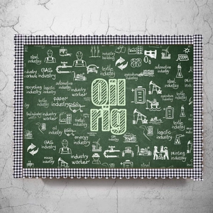 Industrial theme wall banner with chalkboard graphics and scalloped gingham borders