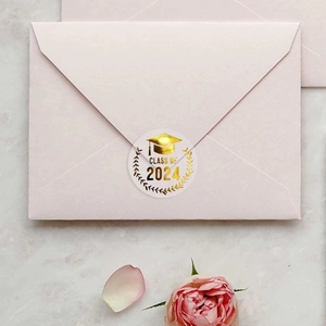 Class of 2024 gold foil graduation stickers on envelopes with elegant floral background