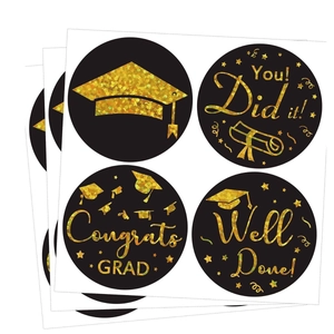 Congrats Grad Stickers Round Graduation Cap Diploma Labels For Party Favors Gift Packaging Black Gold Celebration Stickers