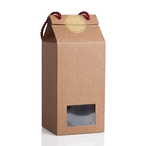 Brown kraft paper gift bag with milk carton shape, red handle and floral sealing sticker
