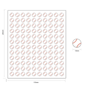 Detailed size chart for 100 piece set of 13mm round baseball themed sports stickers