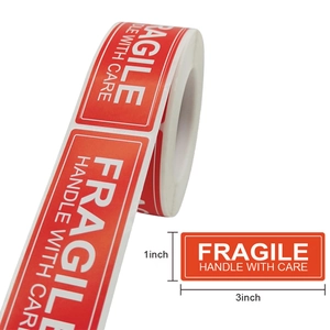 Fragile handle with care shipping labels, 1x3 inch red adhesive warning stickers on a roll