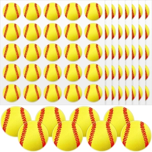 Macro detail of yellow softball stickers with realistic red stitching on white background