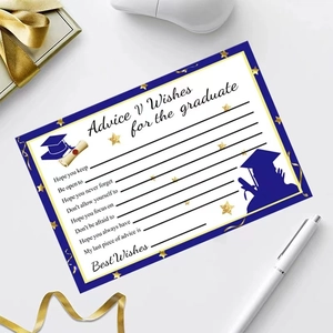 Graduation party invitation card with golden stars and academic icons on white background