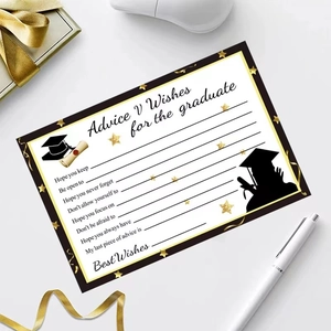 Graduation party invitation and advice card with gold stars and mortarboard silhouette