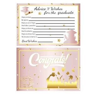 Detail of pink and gold graduation advice cards with Congrats text and icons