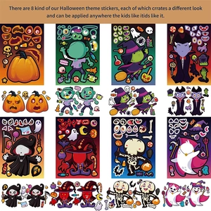 Halloween DIY sticker set for kids featuring 8 spooky characters like pumpkin and ghost