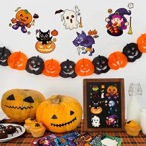 Halloween cartoon wall stickers and pumpkin banner set for festive party decorations