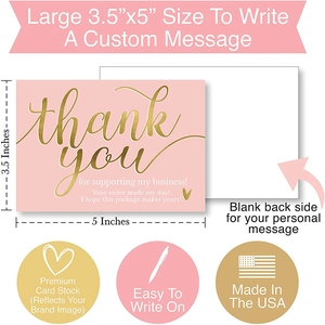 Pink Thank You cards with gold foil lettering and blank back for small businesses