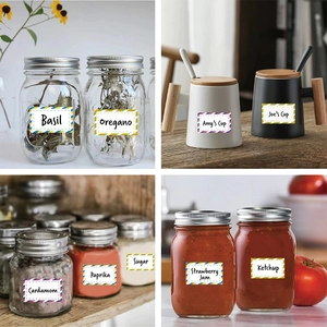 Waterproof rectangular jar labels with multi-color borders on various kitchen containers