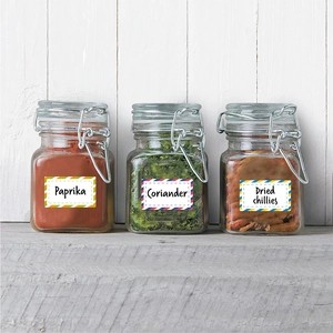 Waterproof rectangular labels for spice jars containing paprika, coriander and chili