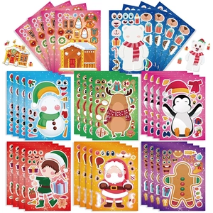 Autocollants Puzzle Noël DIY pour Enfants Dessin Animé Père Noël Bonhomme de Neige Renne Lutin Autocollants Cadeau Fête