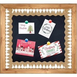 Scalloped burlap bulletin board border with white Christmas tree silhouettes for classroom