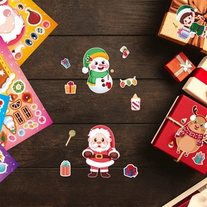 Lot de stickers de Noël DIY avec Père Noël et renne sur fond en bois naturel