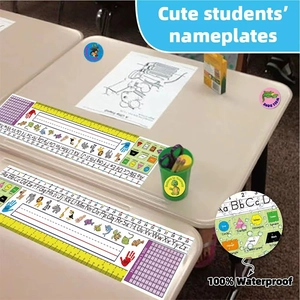 Waterproof rectangular student desk nameplate with alphabet, numbers, and color charts