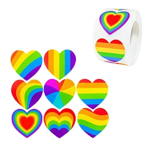 Rainbow heart roll stickers for Valentine's Day with various geometric stripe designs