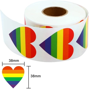 Detailed view of 38mm rainbow heart sticker roll for Valentine gift sealing