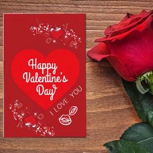 Romantische Happy Valentine's Day kaart met hartpatronen en roos op houten achtergrond
