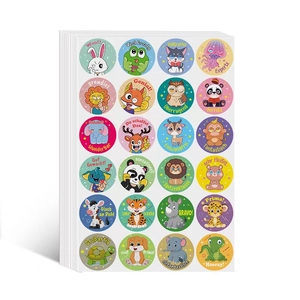 Stack of circular cartoon animal reward stickers with German motivational phrases