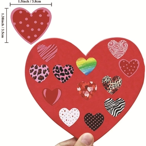 Happy Valentine's Day heart stickers set with diverse patterns, 3.8x3.5cm size guide
