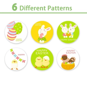 Set of 6 colorful Happy Easter stickers with bunnies, chicks, and eggs for decoration