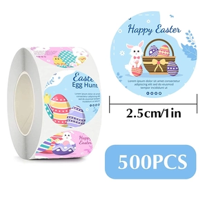 500pcs Easter Bunny and Egg Round Stickers Roll, 1 inch Happy Easter Labels for Decor